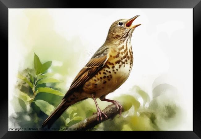 Watercolor painted song thrush bird on a white background. Framed Print by Michael Piepgras