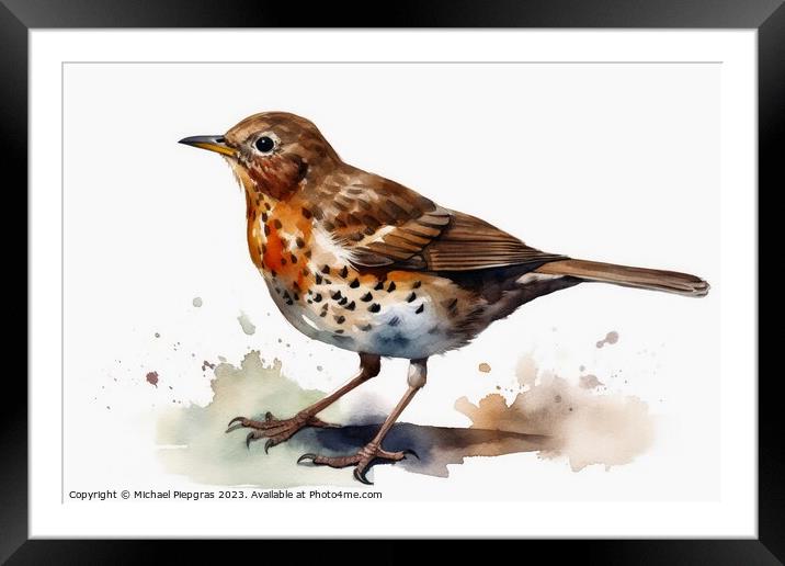 Watercolor painted song thrush bird on a white background. Framed Mounted Print by Michael Piepgras