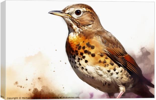 Watercolor painted song thrush bird on a white background. Canvas Print by Michael Piepgras