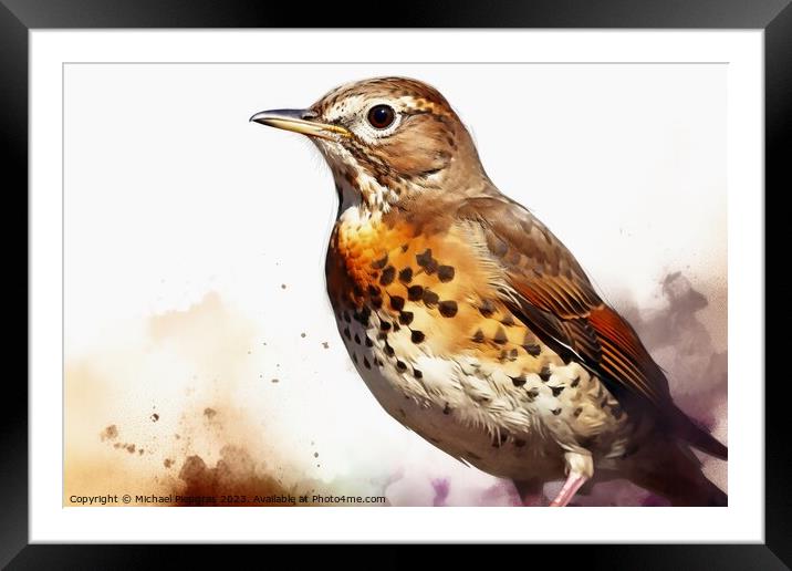 Watercolor painted song thrush bird on a white background. Framed Mounted Print by Michael Piepgras