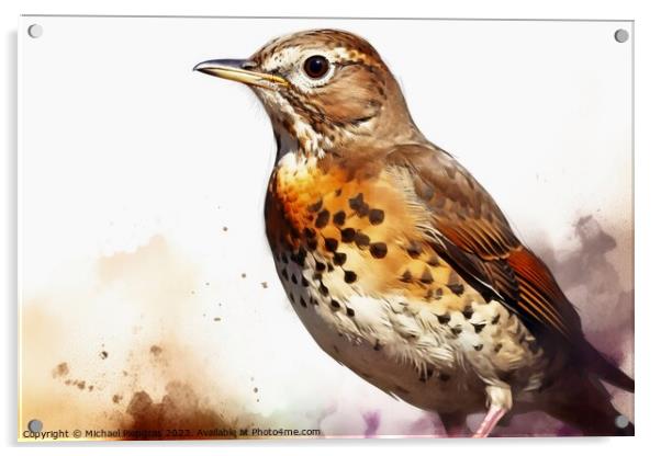 Watercolor painted song thrush bird on a white background. Acrylic by Michael Piepgras