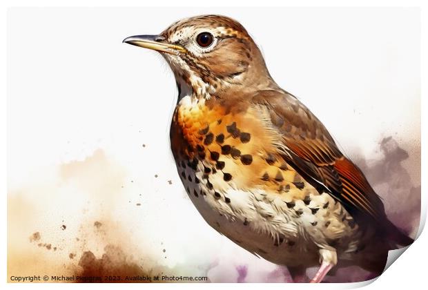 Watercolor painted song thrush bird on a white background. Print by Michael Piepgras