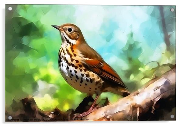 Watercolor painted song thrush bird on a white background. Acrylic by Michael Piepgras
