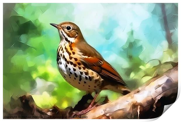 Watercolor painted song thrush bird on a white background. Print by Michael Piepgras