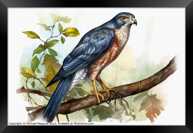 Watercolor painted sparrowhawk on a white background. Framed Print by Michael Piepgras