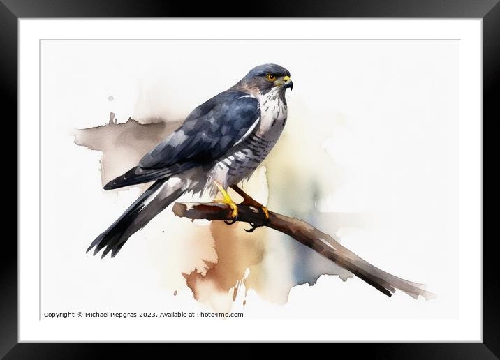 Watercolor painted sparrowhawk on a white background. Framed Mounted Print by Michael Piepgras