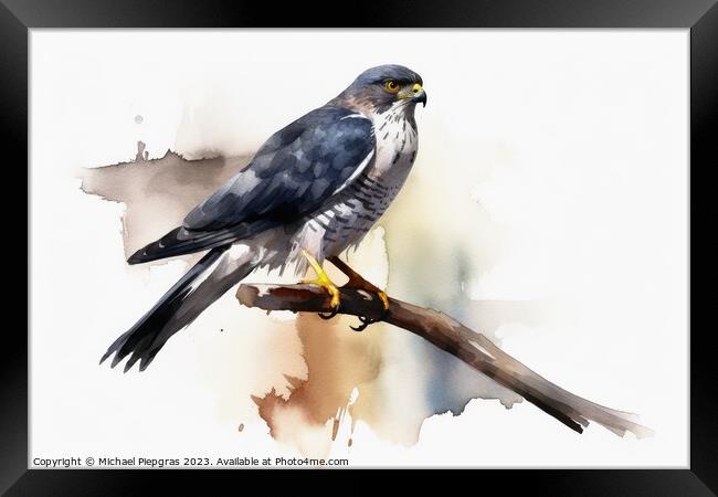 Watercolor painted sparrowhawk on a white background. Framed Print by Michael Piepgras