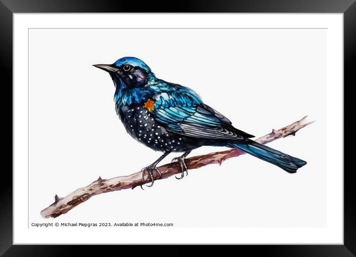 Watercolor painted starling on a white background. Framed Mounted Print by Michael Piepgras