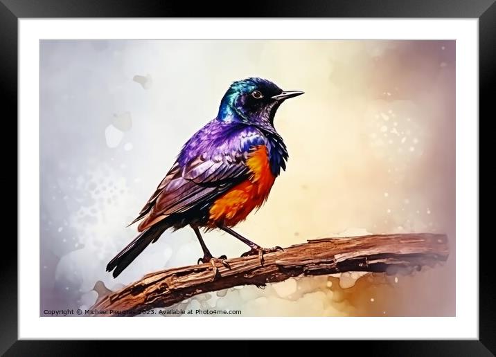 Watercolor painted starling on a white background. Framed Mounted Print by Michael Piepgras