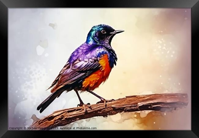 Watercolor painted starling on a white background. Framed Print by Michael Piepgras