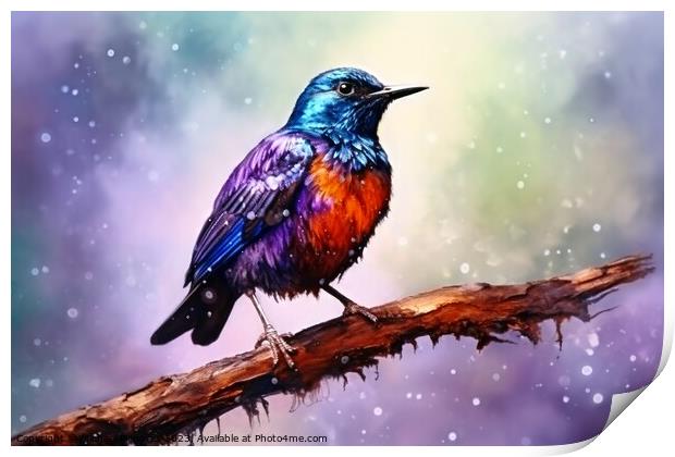 Watercolor painted starling on a white background. Print by Michael Piepgras