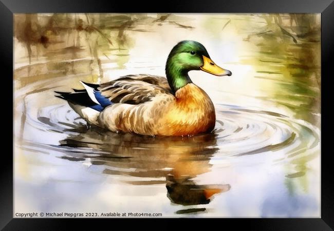 Watercolor painted mallard duck on a white background. Framed Print by Michael Piepgras