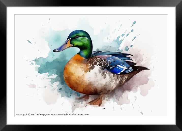 Watercolor painted mallard duck on a white background. Framed Mounted Print by Michael Piepgras
