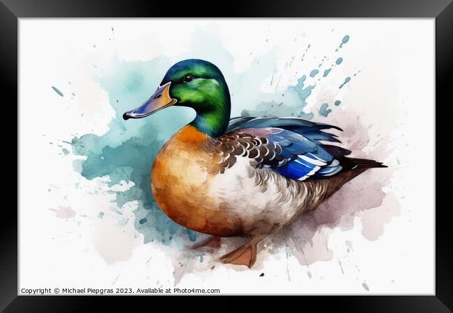Watercolor painted mallard duck on a white background. Framed Print by Michael Piepgras