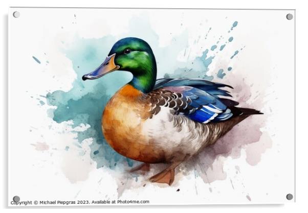 Watercolor painted mallard duck on a white background. Acrylic by Michael Piepgras
