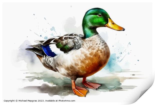 Watercolor painted mallard duck on a white background. Print by Michael Piepgras