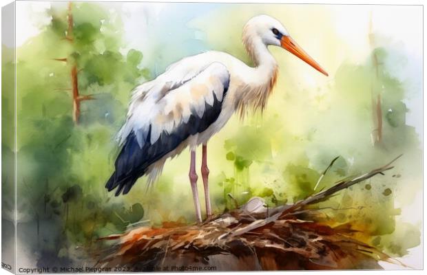Watercolor painted white stork on a white background. Canvas Print by Michael Piepgras