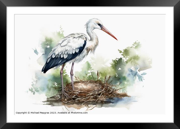 Watercolor painted white stork on a white background. Framed Mounted Print by Michael Piepgras
