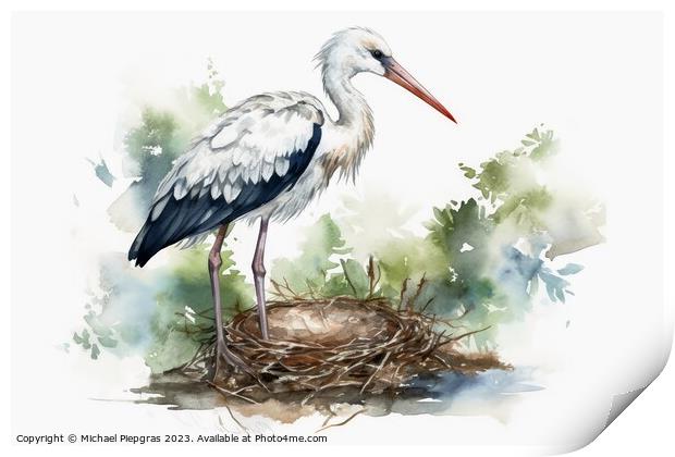 Watercolor painted white stork on a white background. Print by Michael Piepgras