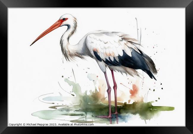 Watercolor painted white stork on a white background. Framed Print by Michael Piepgras