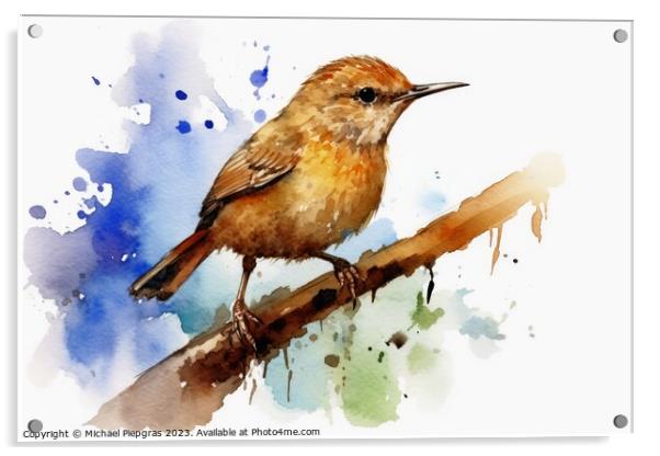 Watercolor painted wren bird on a white background. Acrylic by Michael Piepgras