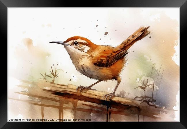 Watercolor painted wren bird on a white background. Framed Print by Michael Piepgras