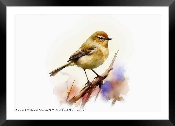 Watercolor painted chiffchaff bird on a white background. Framed Mounted Print by Michael Piepgras