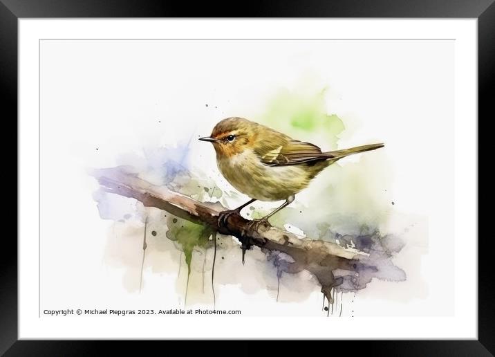 Watercolor painted chiffchaff bird on a white background. Framed Mounted Print by Michael Piepgras