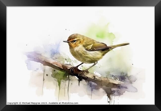 Watercolor painted chiffchaff bird on a white background. Framed Print by Michael Piepgras