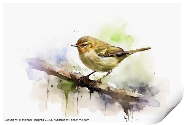 Watercolor painted chiffchaff bird on a white background. Print by Michael Piepgras