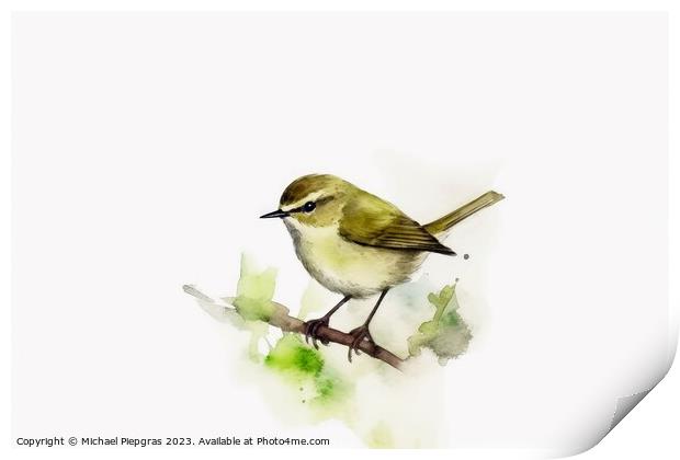 Watercolor painted chiffchaff bird on a white background. Print by Michael Piepgras