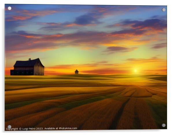 Golden sunrise over the countryside. Acrylic by Luigi Petro