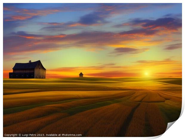 Golden sunrise over the countryside. Print by Luigi Petro
