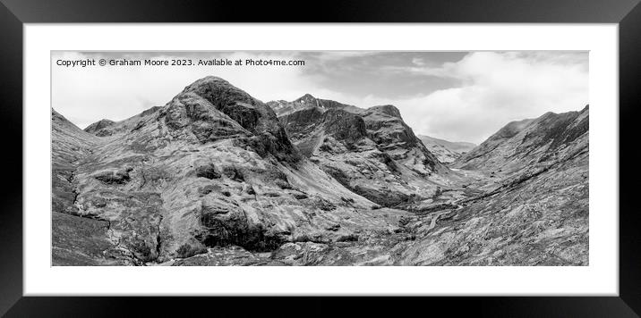 Glencoe three sisters elevated panorama monochrome Framed Mounted Print by Graham Moore