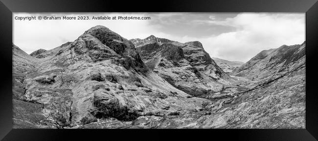 Glencoe three sisters elevated panorama monochrome Framed Print by Graham Moore