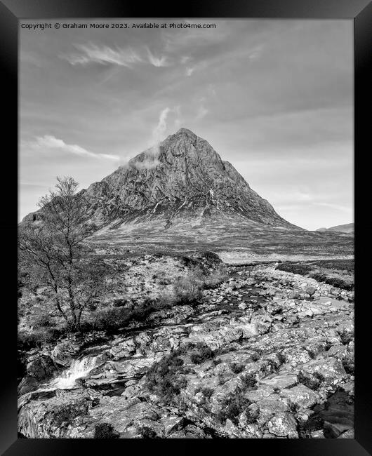 Buachaille Etive Mor and falls monochrome Framed Print by Graham Moore