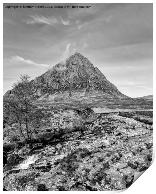 Buachaille Etive Mor and falls monochrome Print by Graham Moore