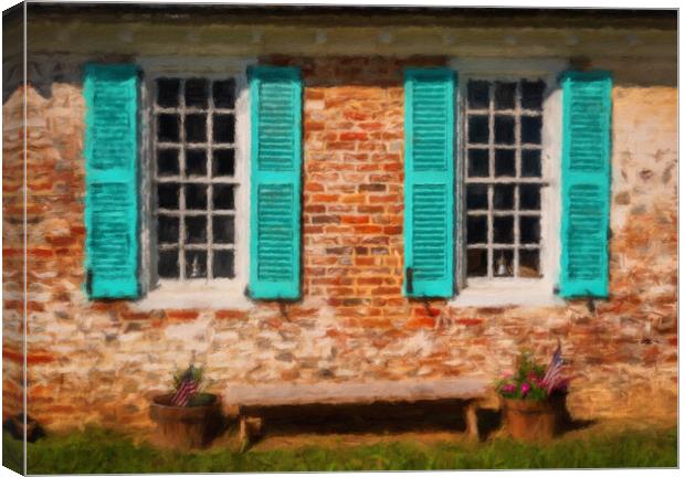 Painting of blue shutters against a white painted brick wall in  Canvas Print by Steve Heap