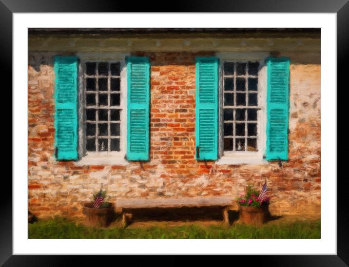 Painting of blue shutters against a white painted brick wall in  Framed Mounted Print by Steve Heap