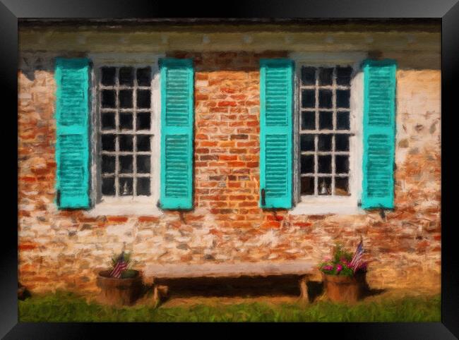 Painting of blue shutters against a white painted brick wall in  Framed Print by Steve Heap