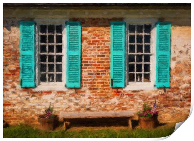 Painting of blue shutters against a white painted brick wall in  Print by Steve Heap
