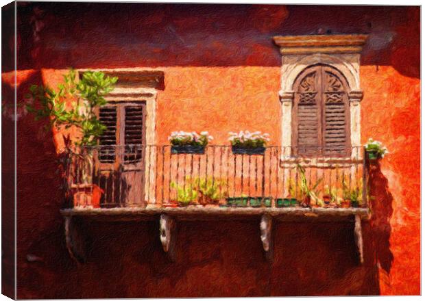 Digital oil painting of an old balcony in Verona Canvas Print by Steve Heap