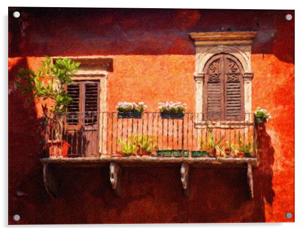 Digital oil painting of an old balcony in Verona Acrylic by Steve Heap