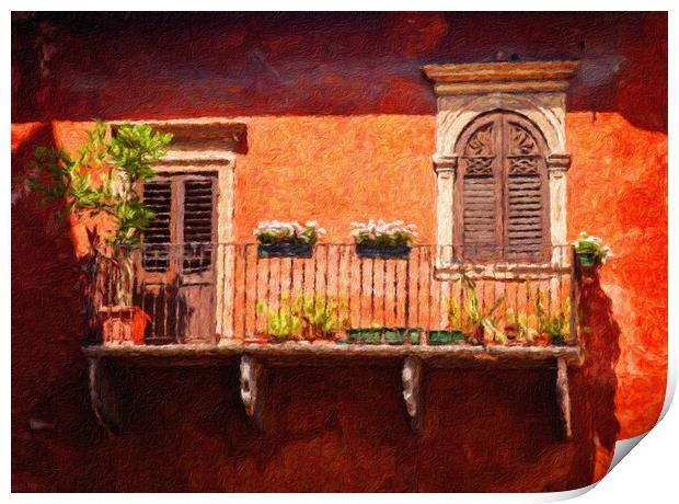 Digital oil painting of an old balcony in Verona Print by Steve Heap