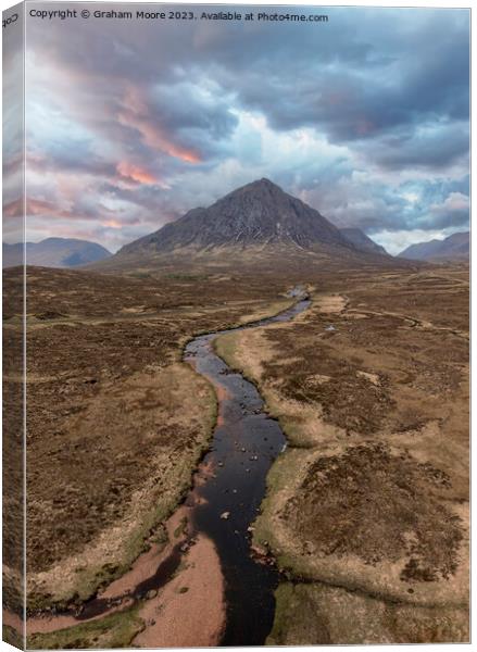 Buachaille Etive Mor and River Etive simulated sunset Canvas Print by Graham Moore