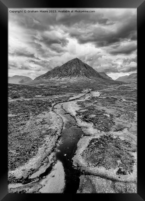Buachaille Etive Mor and River Etive simulated sunset monochrome Framed Print by Graham Moore