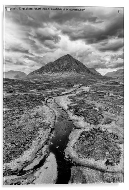 Buachaille Etive Mor and River Etive simulated sunset monochrome Acrylic by Graham Moore