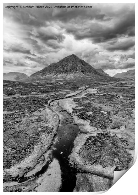 Buachaille Etive Mor and River Etive simulated sunset monochrome Print by Graham Moore