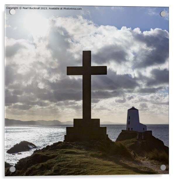 Llanddwyn Cross and Twr Mawr Silhouette Anglesey Acrylic by Pearl Bucknall