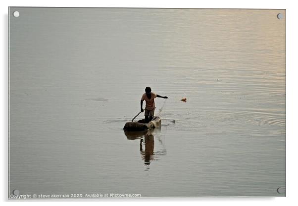 Tribesman fishing on the Luangwa river Zambia Acrylic by steve akerman